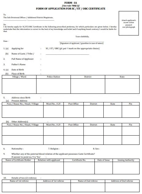 Application Form for SC/ST/OBC Certificate [English]