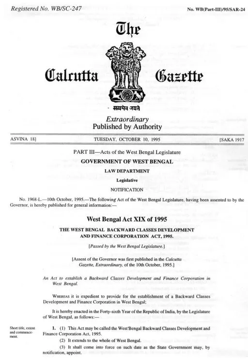 West Bengal Backward Classes Development And Finance Corporation Act XIX of 1995
