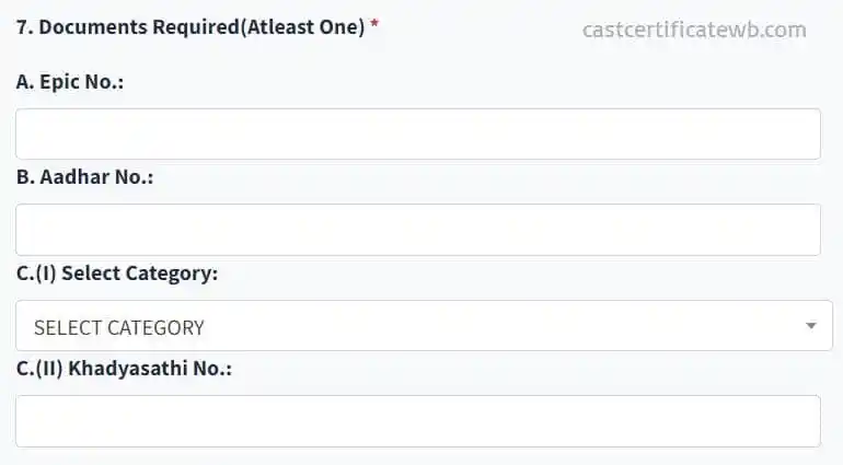 Documents Requried for Apply Caste Certificate WB Online 2025