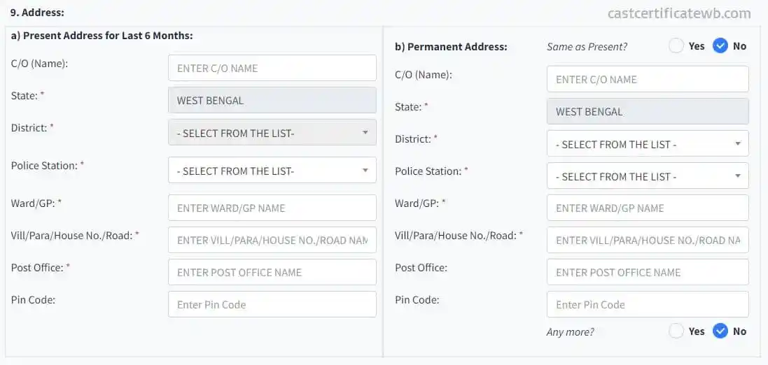 Address of Applicant Apply Caste Certificate WB 2025