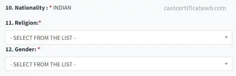 Nationality of Applicant Apply Caste Certificate WB 2025