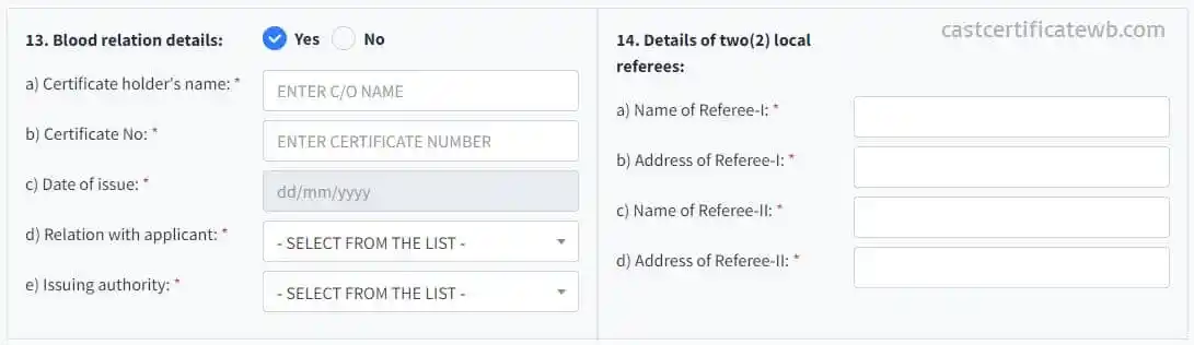Blood Relation of Applicant Apply Caste Certificate WB 2025