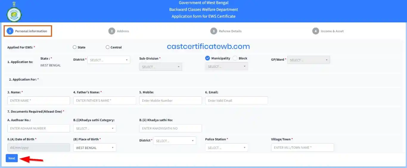 Application form for EWS Certificate West Bengal 2025