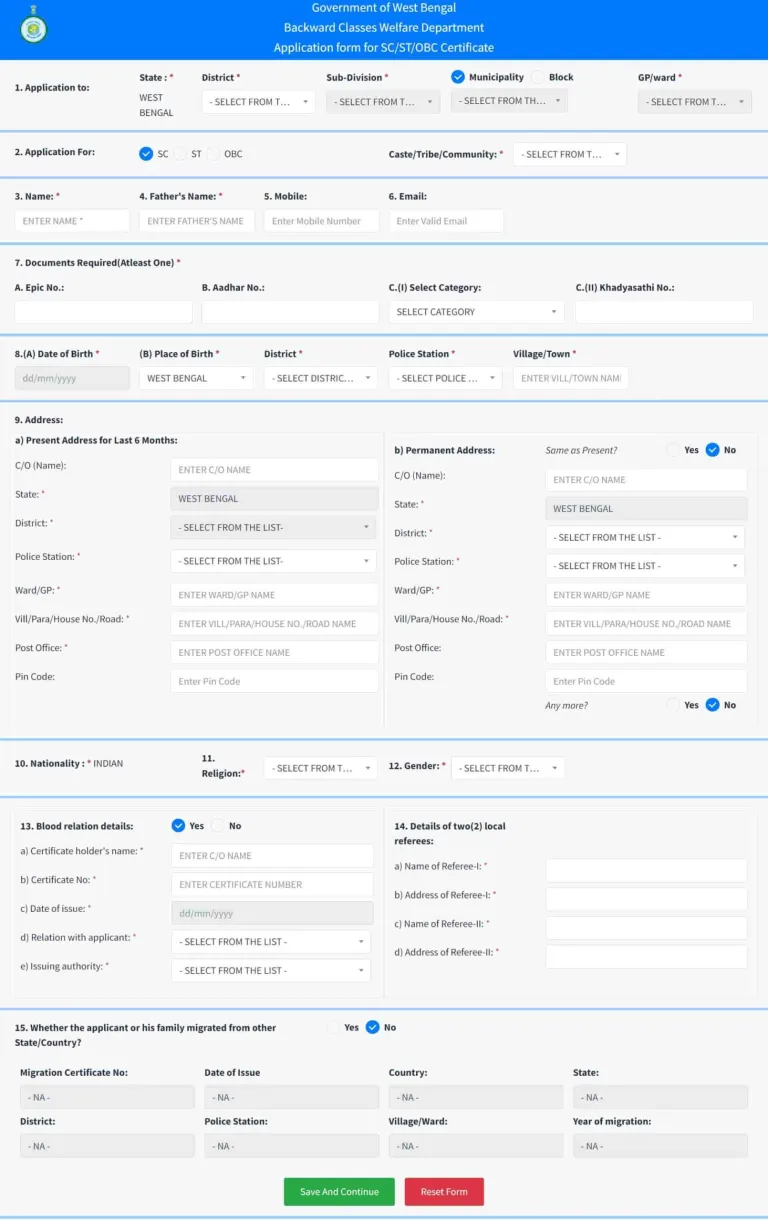 Caste Certificate Application Form at castcertificatewb.gov.in