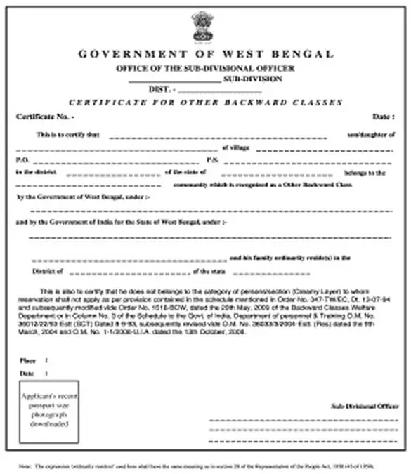 [Sample Certificate] Certificate SC/ST/OBC West Bengal