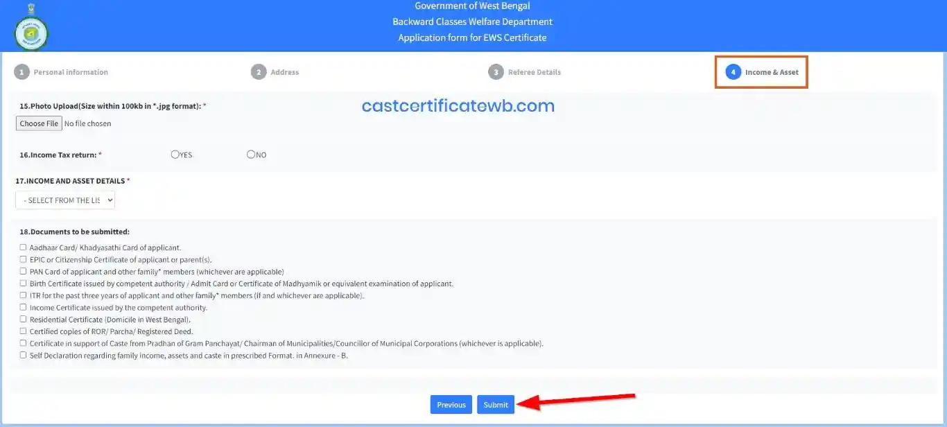 Online Apply form of EWS Certificate West Bengal 2025